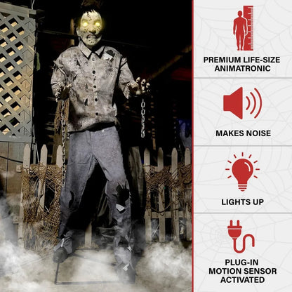 Zombified Sentinel: 6ft Motion-Activated Guard Zombie with Spooky Sounds for Halloween