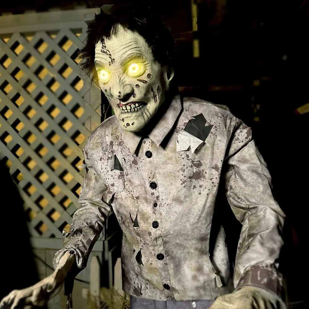 Zombified Sentinel: 6ft Motion-Activated Guard Zombie with Spooky Sounds for Halloween