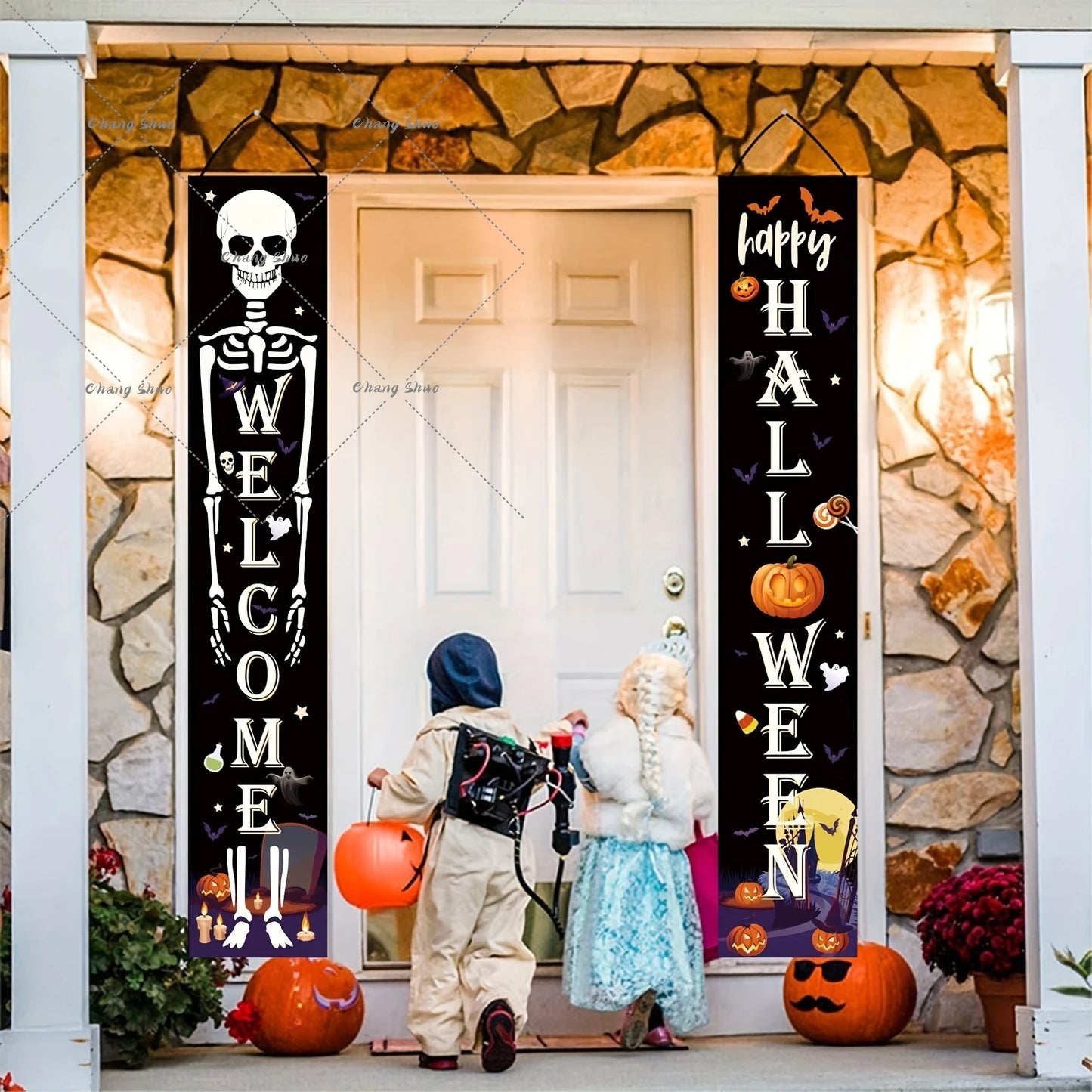 Spooky Welcome: Halloween Hanging Door Banner with Pumpkin & Ghost Decor